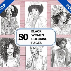 Pode incluir: Um conjunto de 50 páginas para colorir em preto e branco com ilustrações de mulheres negras. As páginas são projetadas para adultos e apresentam detalhes e designs intrincados.