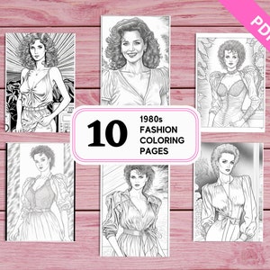 1980s Women Fashion - 10 Coloring Pages for Adults | Printable PDF 10 Pages A4 | For Girls Adults Women