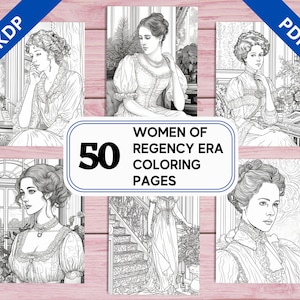 KDP Interior Women of Regency Era - 50 Coloring Pages for Adults  | 8.5&quot; x 11&quot; Printable PDF | Instant Download Grayscale Colouring Sheet