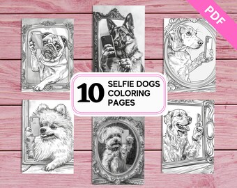 Cani Selfie - 10 simpatiche pagine da colorare in scala di grigi per bambini e adulti / PDF stampabile 10 pagine A4 / Download istantaneo / Per gli amanti dei cuccioli di cane