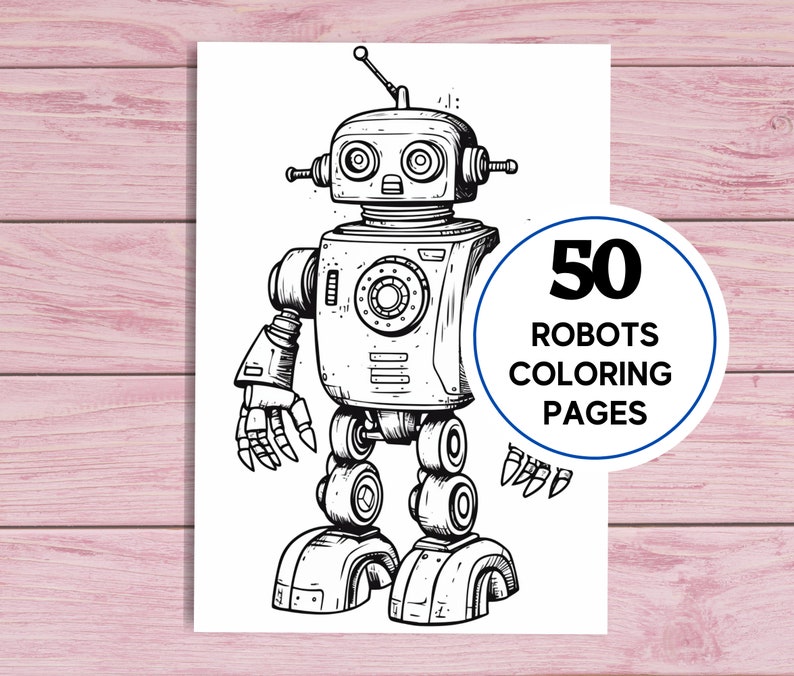 Pode incluir: Desenho a preto e branco de um rob&ocirc; com uma cabe&ccedil;a grande e um corpo redondo. O rob&ocirc; tem dois bra&ccedil;os, duas pernas e uma pequena antena no topo da cabe&ccedil;a. O texto "50 ROBOTS COLORING PAGES" est&aacute; num c&iacute;rculo no canto superior direito da imagem.