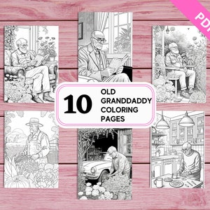 Old Granddaddy - 10 Coloring Pages for Kids and Adults | Printable PDF 10 Pages A4 | Instant Download | Grayscale Colouring Sheets