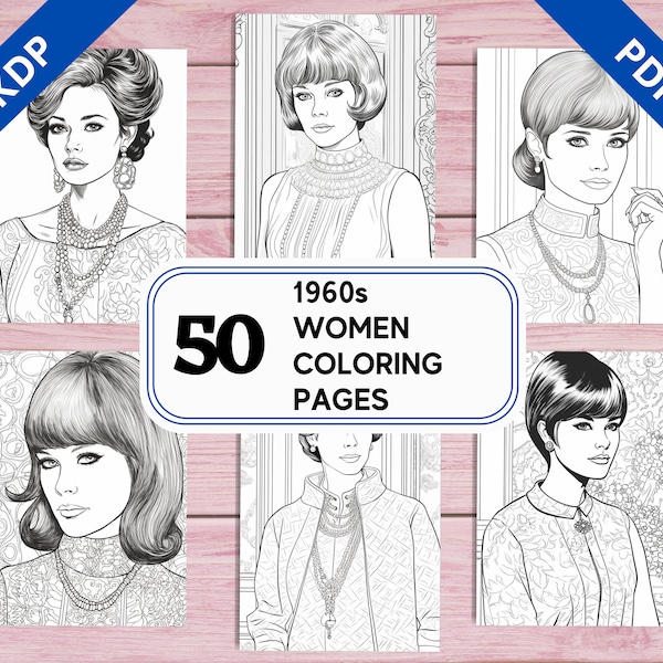 KDP Interior 1960s Women Portraits - 50 Coloring Pages | 8.5" x 11" Printable PDF | Fashion Greyscale Colouring Sheets for Adults