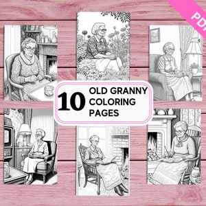Old Granny - 10 Coloring Pages for Kids and Adults | Printable PDF 10 Pages A4 | Instant Download | Grayscale Colouring Sheets