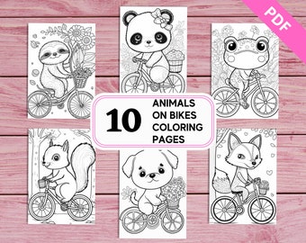 10 Cute Animals on Bikes Coloring Pages for Kids | Printable PDF 10 Pages A4 | Instant Download | For Kids Girls Boys and Adults