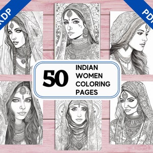 KDP Interior 50 Indian Women Portraits Coloring Pages | 8.5&quot; x 11&quot; Printable PDF | Asian Women Greyscale Colouring Sheets for Adults