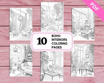 Boho Interiors - 10 Coloring Pages for Adults | Printable PDF 10 Pages A4 | Instant Download | Interior Design Colouring Sheets