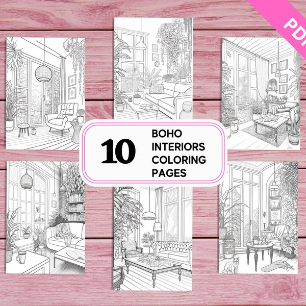 Boho Interiors - 10 páginas para colorear para adultos / PDF imprimible 10 páginas A4 / Descarga instantánea / Hojas para colorear de diseño de interiores