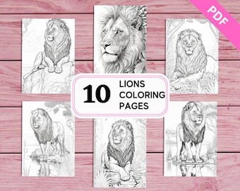 Lion Coloring Pages for Adults & Kids – 10 Unique Grayscale Designs (Printable PDF)