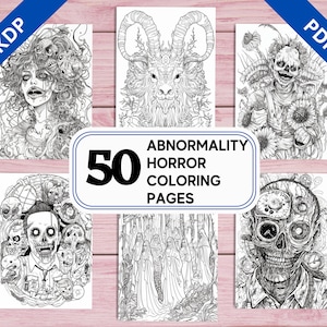 Pode incluir: Uma coleção de 50 páginas para colorir de terror com ilustrações em preto e branco de várias criaturas assustadoras, incluindo um crânio com engrenagens de relojoaria, um bode com chifres, uma mulher com crânios no cabelo e uma criatura com flores.