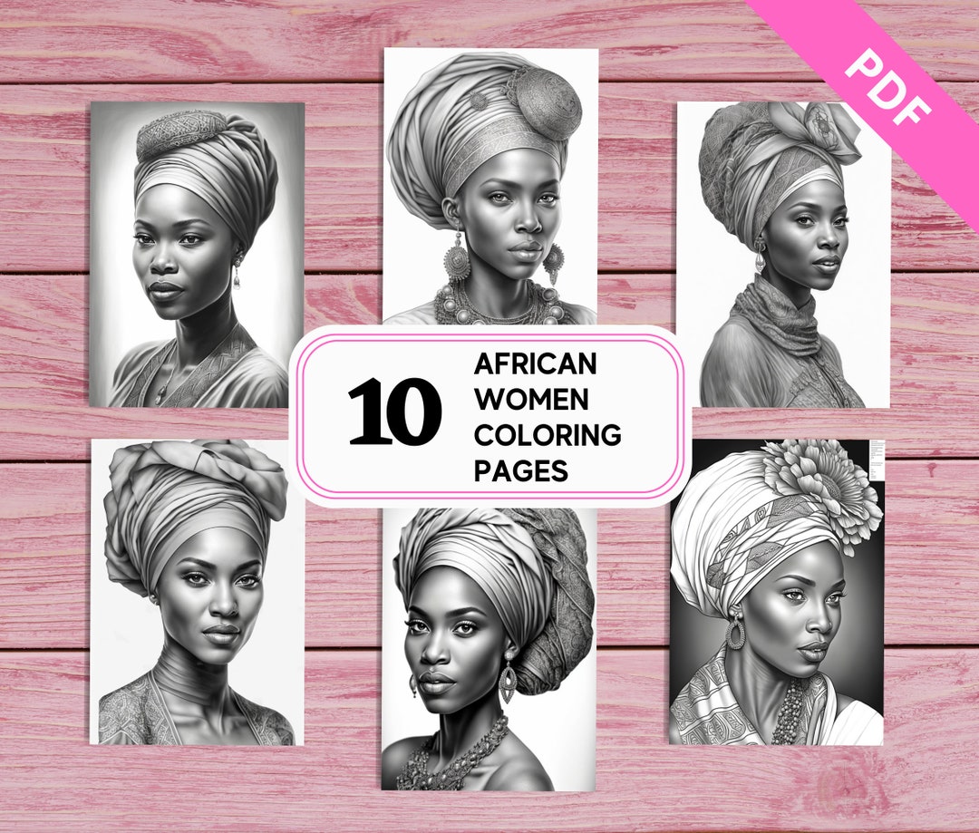 Turumba Coloring African Woman Turban Coloring Pages - 10 Printable Greyscale ...