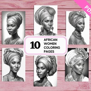 African Woman In Traditional Turban - 10 Coloring Pages for Adults | Printable PDF A4 | Instant Download | Greyscale Colouring Sheets