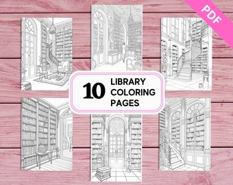 Library - World of Books - 10 Coloring Pages for Adults | Printable PDF A4 | Instant Download | for Book Lovers | Unique Designs