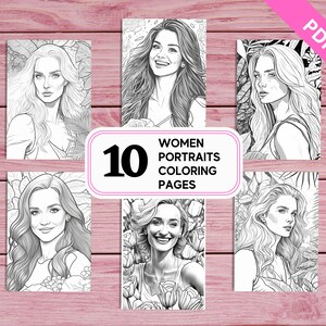 美しい女性の肖像画 - 大人向けのぬり絵 10 ページ | 印刷可能な PDF 10 ページ A4 | 女の子、大人、女性向け