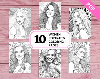 Women Portraits Coloring Pages - Grayscale Art, A4 (Printable PDF)