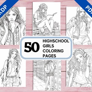 Puede incluir: Un conjunto de 50 páginas para colorear con chicas de secundaria en varias poses y escenarios. Las páginas son en blanco y negro y están listas para ser coloreadas.