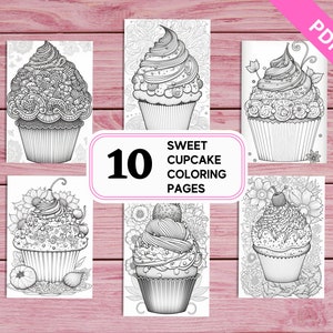 Cute & Sweet Cupcake - 10 Coloring Pages for Kids and Adults | Printable PDF 10 Pages A4 | Instant Download Colouring Sheets