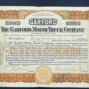 The Garford Moror Truck Company stock certificate