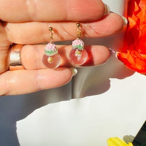 Faith Mustard seed Christian hope believe handmade round clear resin hydrangea flower orb iridescent dangle earrings