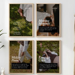 May include: Four framed art prints with inspirational text and images. The prints are in neutral tones with text that reads "I paused, I noticed, I softened, So I healed", "Morning Moments", "Midday Pause", and "Evening Calm". The prints are displayed on a white wall.
