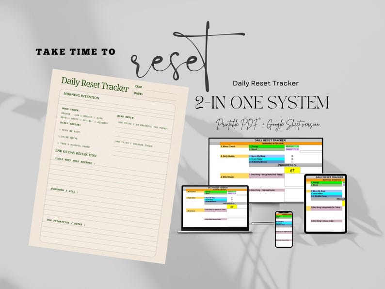 Daily Reset Tracker Printable + Google Sheets | Mindfulness Planner ...