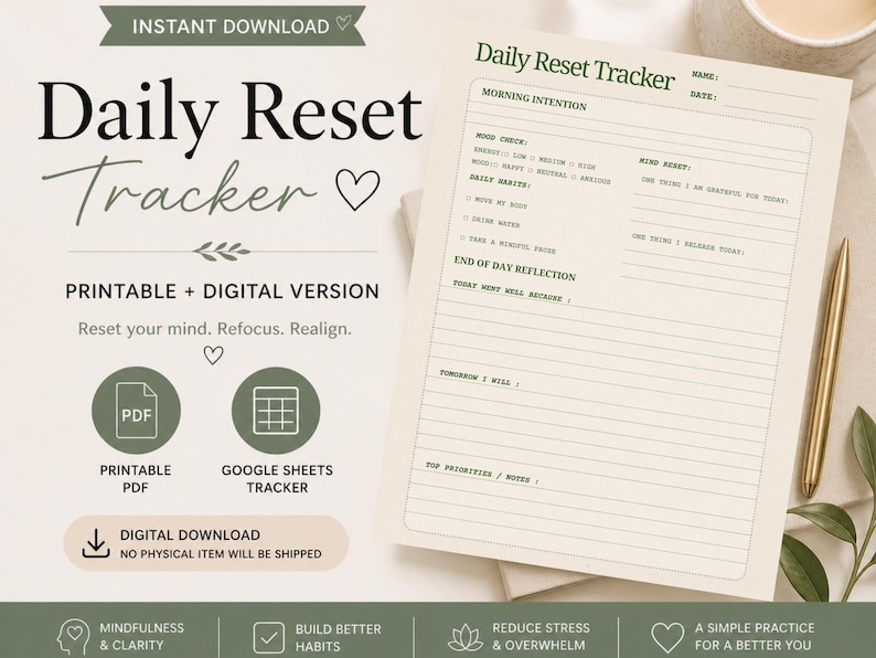 Daily Reset Tracker Printable + Google Sheets | Mindfulness Planner ...