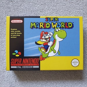 May include: A yellow, blue and green Super Nintendo Entertainment System game box featuring Super Mario World. The box shows Mario riding Yoshi, a green dinosaur, with the text "Super Mario World" in large, white letters.