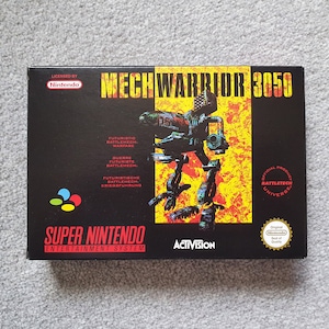 May include: Super Nintendo Entertainment System game cartridge for MechWarrior 3050. The box art features a black and green robot against a yellow and orange background. The text "MechWarrior 3050" is in white with a red outline. The text "Super Nintendo Entertainment System" is in white with a red outline. The text "Activision" is in white with a red outline. The text "Licensed by Nintendo" is in white with a red outline. The text "Official Product BattleTech Universe" is in white with a red outline.
