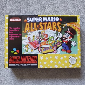 May include: Super Nintendo Entertainment System game cartridge box featuring Super Mario All-Stars. The box is yellow with a white border and stars. The front of the box features a cartoon image of Mario in a top hat, holding a magic wand. The text "Super Mario All-Stars" is printed in large, bold letters. The box also includes the text "The complete Super Mario Bros. Experience the Super Mario-Thon!" and "PAL Version".