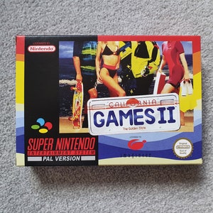 May include: A Super Nintendo Entertainment System game cartridge for California Games II, a skateboarding and beach-themed video game. The game cartridge is in a plastic case with a colourful image of people skateboarding and surfing. The text "California Games II" is printed on the case in a white font with a red outline.
