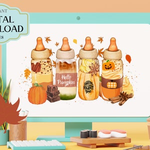 Pumpkin Spice Digital Art Sublimation Design Download 4 Fall Coffee Drinks in a Baby Bottle Clip Art for Wall Art, Mugs, Pillows, Baby Gifts