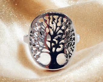 Silver stainless steel tree of life ring