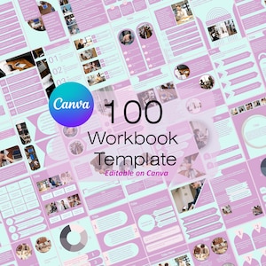 May include: A digital template with a light purple and teal color scheme. The Canva logo is visible, along with the text "100 Workbook Template Editable on Canva". The design includes various layouts with placeholders for text and images, suitable for creating workbooks.