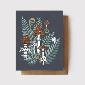 Carte de vœux Woodland, champignons vénéneux et fougères
