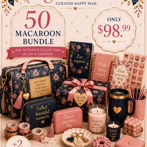 May include: A curated bundle featuring a floral patterned duffel bag, notebooks with inspirational text, a pink gift box with a ribbon, a dark mug with a gold heart, candles, pens, washi tape, a jewelry case, and a small dish with heart charms.