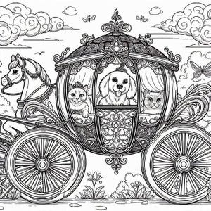 a whimsical adult coloring book pages, with cats and dogs and horse drawn carriages