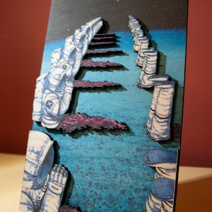 May include: A 3D art piece depicting astronauts ascending a path. The artwork features a blue and black background with a textured appearance. The astronauts are in white space suits, and the path is lined with what appears to be purple clouds.