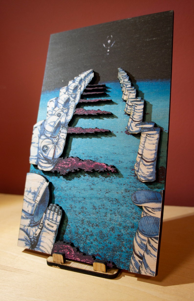 May include: A 3D art piece depicting astronauts ascending a path. The artwork features a blue and black background with a textured appearance. The astronauts are in white space suits, and the path is lined with what appears to be purple clouds.