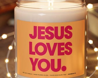 Orange Jesus Loves You Christian Candle - Christian Merch, Spiritual Candles, Catholic Candle, Cute Candle Christian Decor Bold Vibrant
