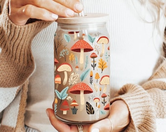 Mushroom Cottage Core Frosted Iced Coffee Glass, Boho Mushroom,  Mushroom Iced Coffee Cup, Cute Mushroom Gift, Gifts for Mom, Mushroom Mug