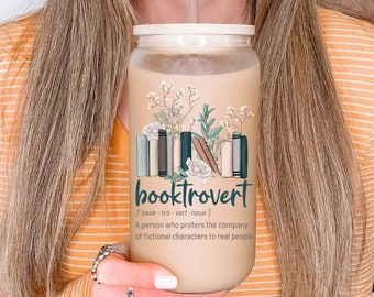 Book Lover 16oz Iced Coffee Cup, Cold Drink Cup, Frosted Can Glass, Smoothie Glass, Coffee Cup w/ Reusable Straw & Bamboo Lid. Booktrovert