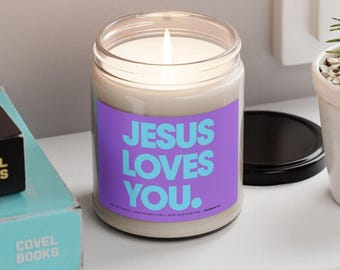 Purple Jesus Loves You Christian Candle - Christian Merch, Spiritual Candles, Catholic Candle, Cute Candle Christian Decor Bold Vibrant