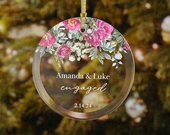 Personalized Engaged Ornament, Engagement Gift for Couple, Peony Wedding Gift, Engagement Gift, Our First Christmas Ornament Engagement Gift