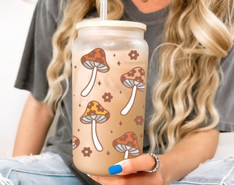 Retro Mushroom Frosted Glass Cup, Boho Mushroom, Cottage Core Iced Coffee Glass, Mushroom Iced Coffee Cup, Cute Mushroom Gift, Gifts for Mom