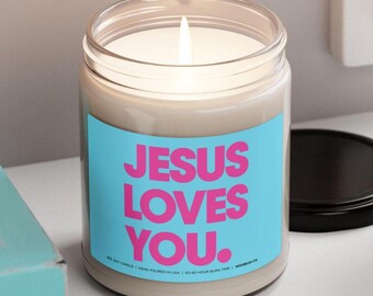 Jesus Loves You Christian Candle - Christian Merch, Spiritual Candles, Catholic Candle, Cute Candle Christian Decor Bold Vibrant Faith Blue