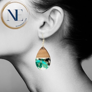 WOOD RESIN Earrings | BOHO Style Earrings | teardrop earrings | round earrings | gift for her | handmade earrings | women | green earrings