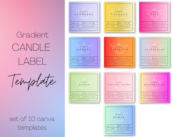Op de afbeelding: Set van tien gradiënt kaarslabel sjablonen voor Canva. De labels tonen een verscheidenheid aan geuren, waaronder lavendel, vanille, perzik, galaxie, mandarijn, watermeloen, jasmijn, suikerspin, marshmallow en fris.