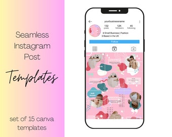 Seamless Instagram Posts Template, 15 IG Graphics Pink Funky Modern Maximalist Posts, Canva Post Template Business Social Media Branding