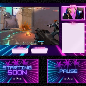 Puede incluir: Una superposición de streamer rosa y azul neón con una pantalla de videojuego, una ventana de chat y una fuente de webcam. La superposición incluye texto que dice "Comenzando pronto", "Pausa" y "Desconectado Gracias por ver".
