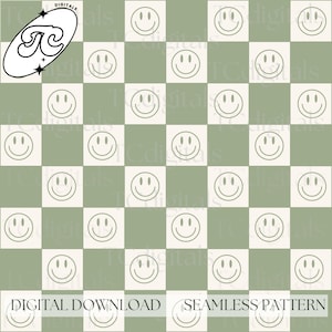May include: A seamless pattern featuring a green and white checkered background with white smiley faces. The pattern is perfect for digital downloads and can be used for various creative projects.